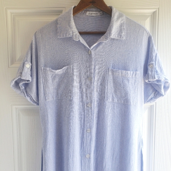 JustFab Linen Dolman Sleeve Shirt Dress Size Large Blue And White Stripes - Picture 6 of 11